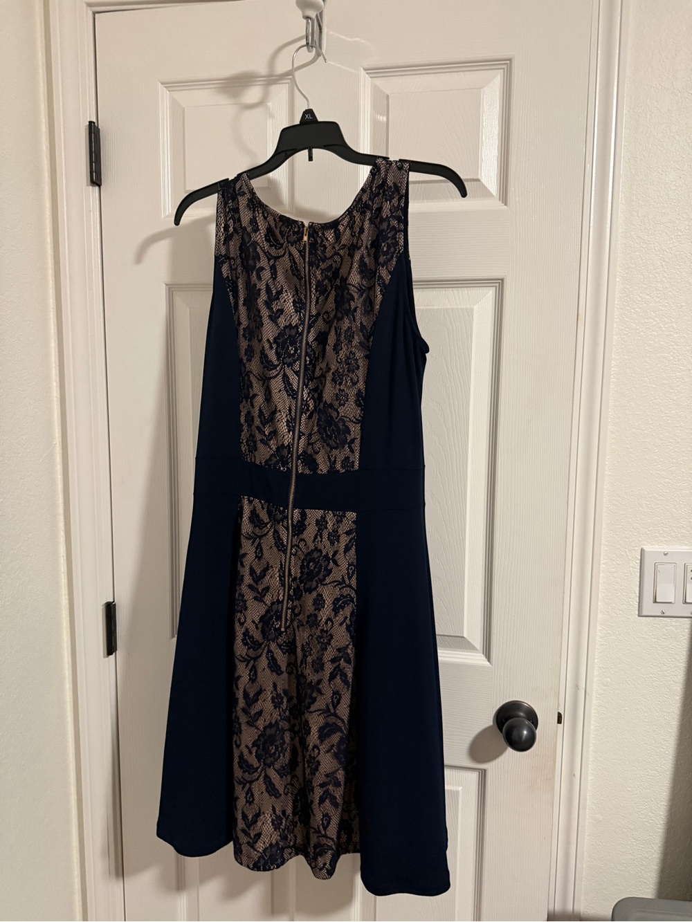 Sleeveless Navy Dress with Lace-Pattern Front Panel